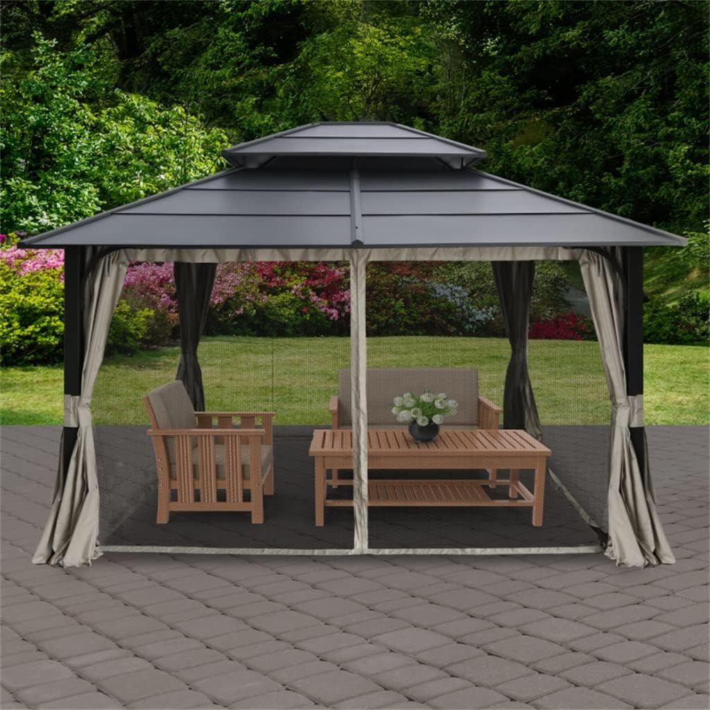 12 Ft. W X 14 D Metal Black 2-Tier Roof Patio Gazebo with Curtains and Netting(12 ft. x 10 ft)