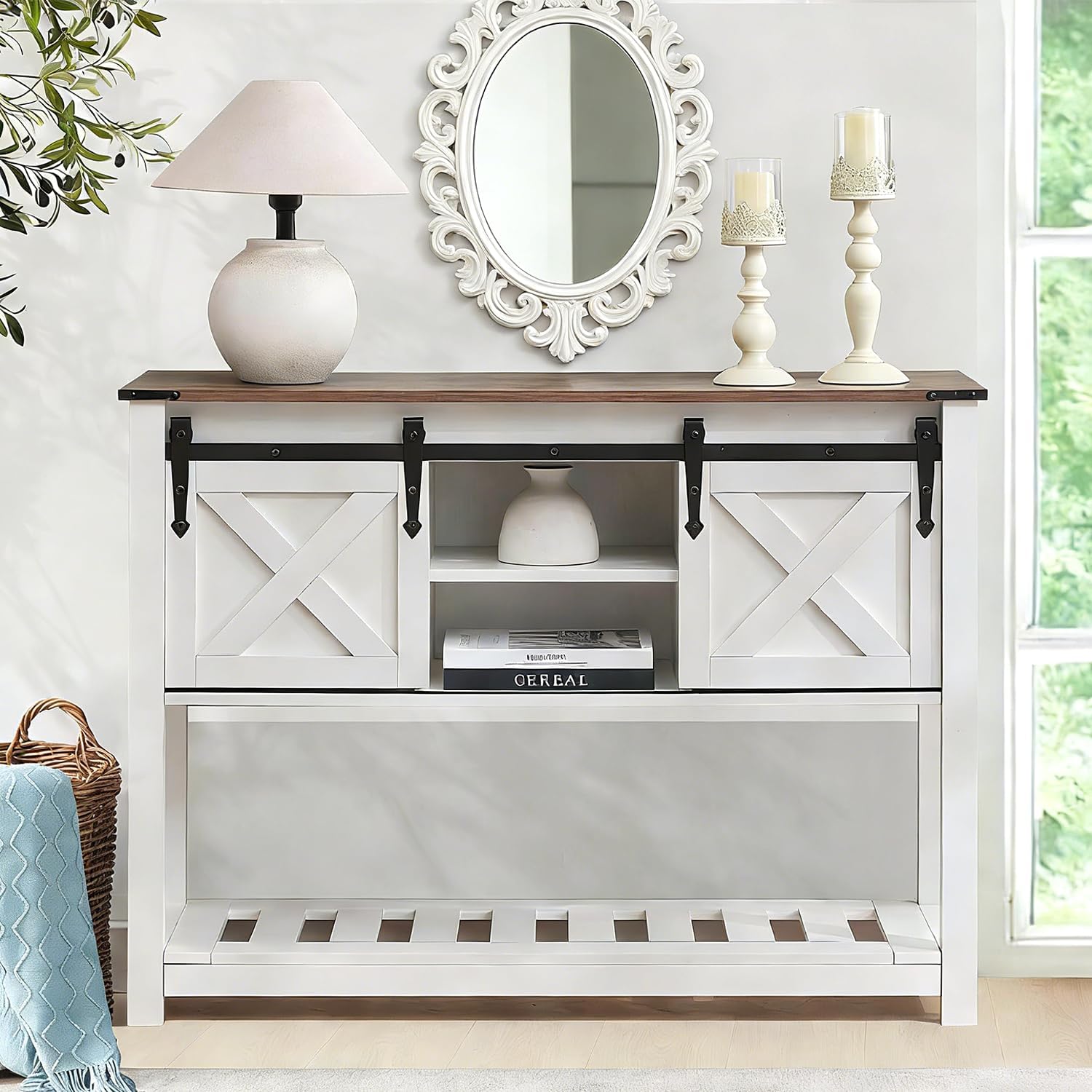 White Farmhouse Entryway Table, Rustic Hallway Table with Storage Shelf, Sofa Table with Sliding Barn Doors for Hallway, Entryway, Living Room, Foyer
