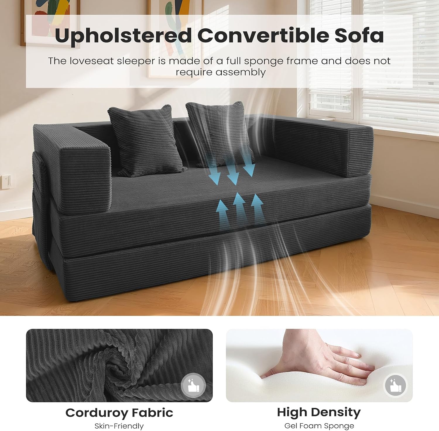 5‑in‑1 Futon Sofa Bed Queen – Floor Foldable Convertible Sofa Couch with L‑Shaped Armrests, Removable Cover, Grey Convertible Guest Bed | Space‑Saving Fold‑Out Mattress Lounge for Living Room/Bedroom