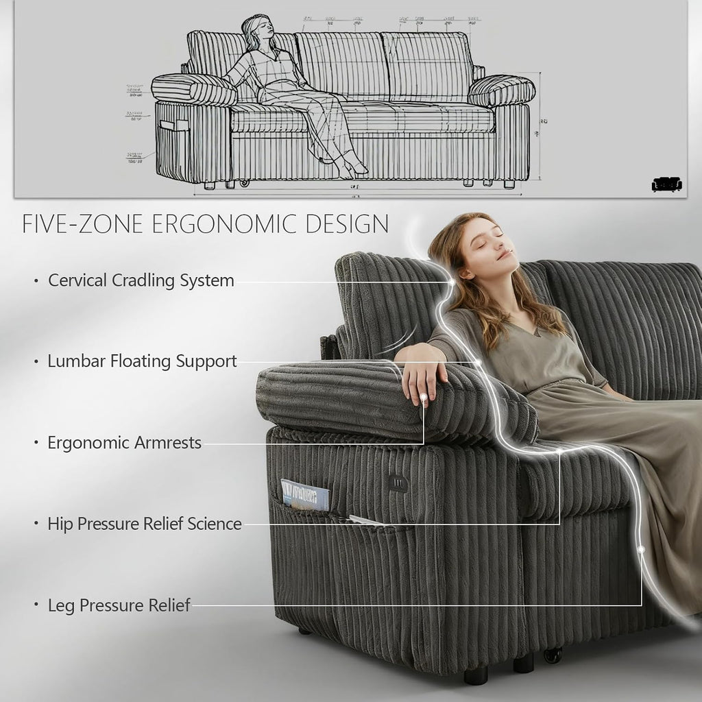 81' Modular Sectional Sofa, L Shaped 5-Seater Sleeper Sofa with Pull Out Bed, Hidden Storage& USB Charging Ports, Sectional Couches for Living Room(Corduroy, Black Grey)