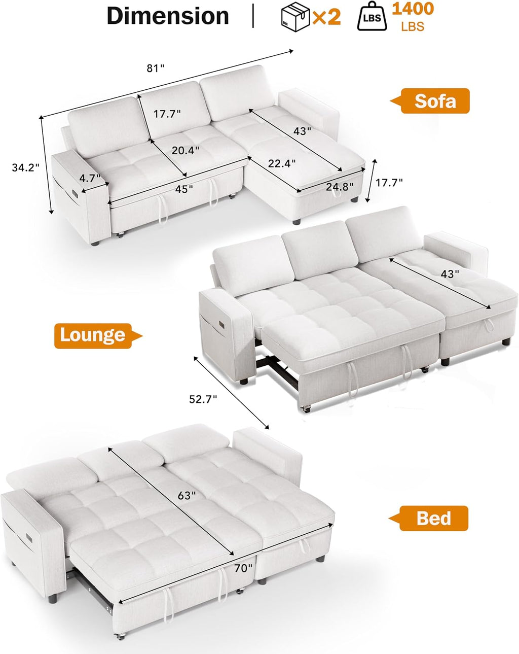 Sunny Heart Chenille Sleeper Sofa Bed, 81' L Shaped Couch Sleeper Sofa, Pull Out Couch Bed with Reclining Backrest | Reversible Storage Chaise | USB Port | Side Pocket | Tool-Free Assembly | Beige