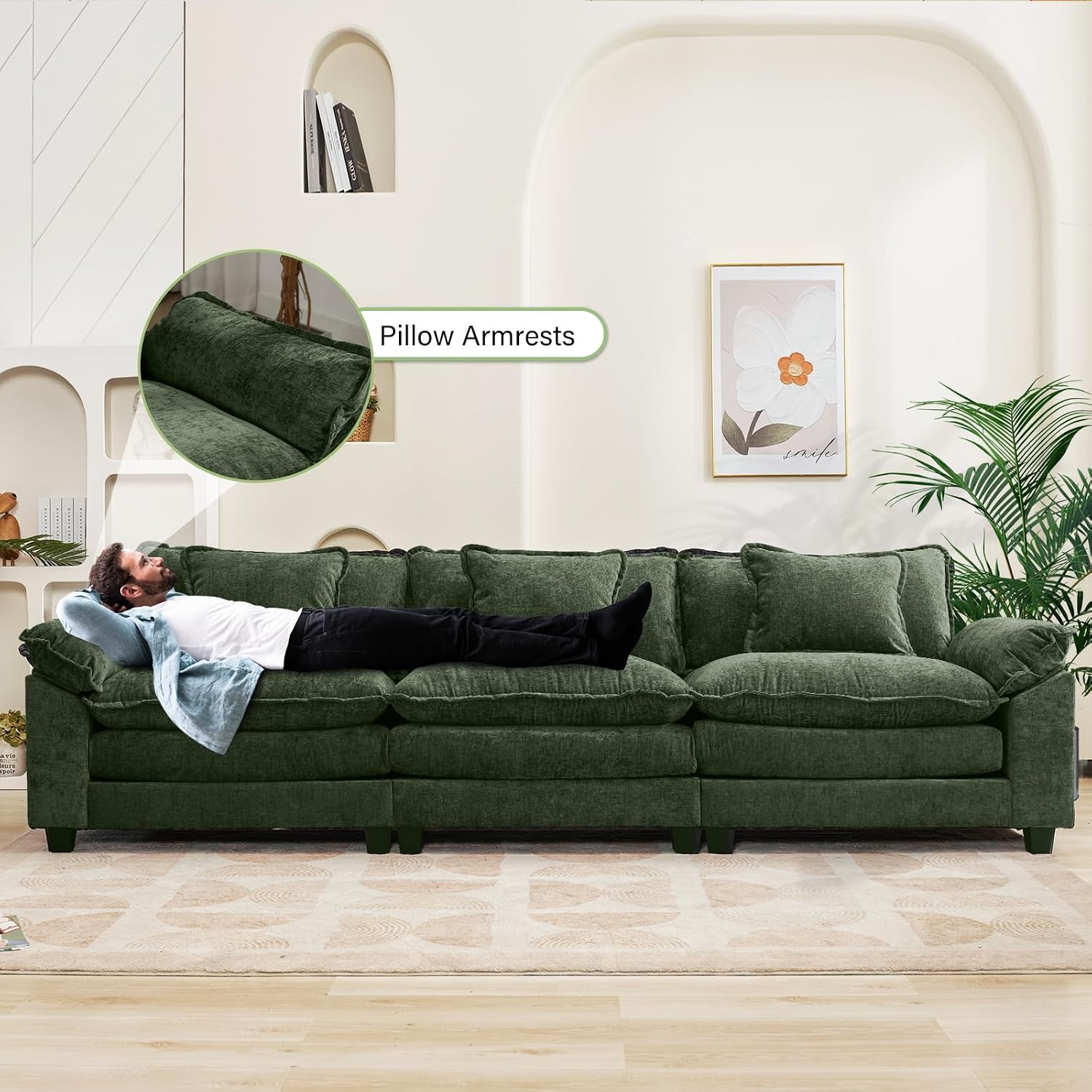 Oprisen 120' Modular Sectional Sofa, Comfy Cloud Couch Sectional, Chenille Sofa Sleeper Deep Seat Sofa with Throw Pillows for Living Room (Green, 120'- 3 Seater)