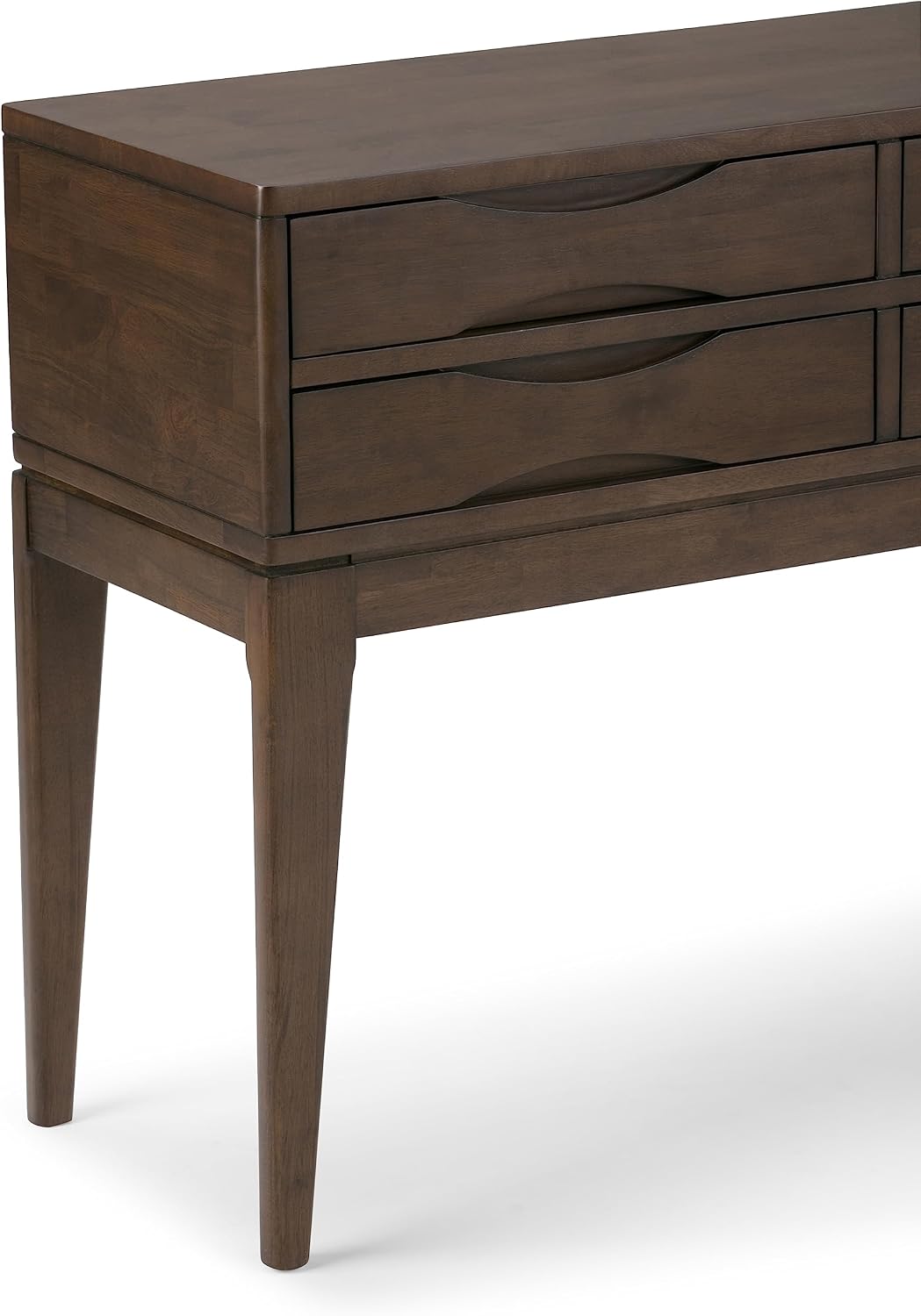 SIMPLIHOME Harper Console Table - 40 Inch Wide Solid Hardwood Sofa Table in Walnut Brown, Mid-Century Modern Storage Table for Entryway or Living Room with 4 Drawers, Notched Handles, and Tapered Legs