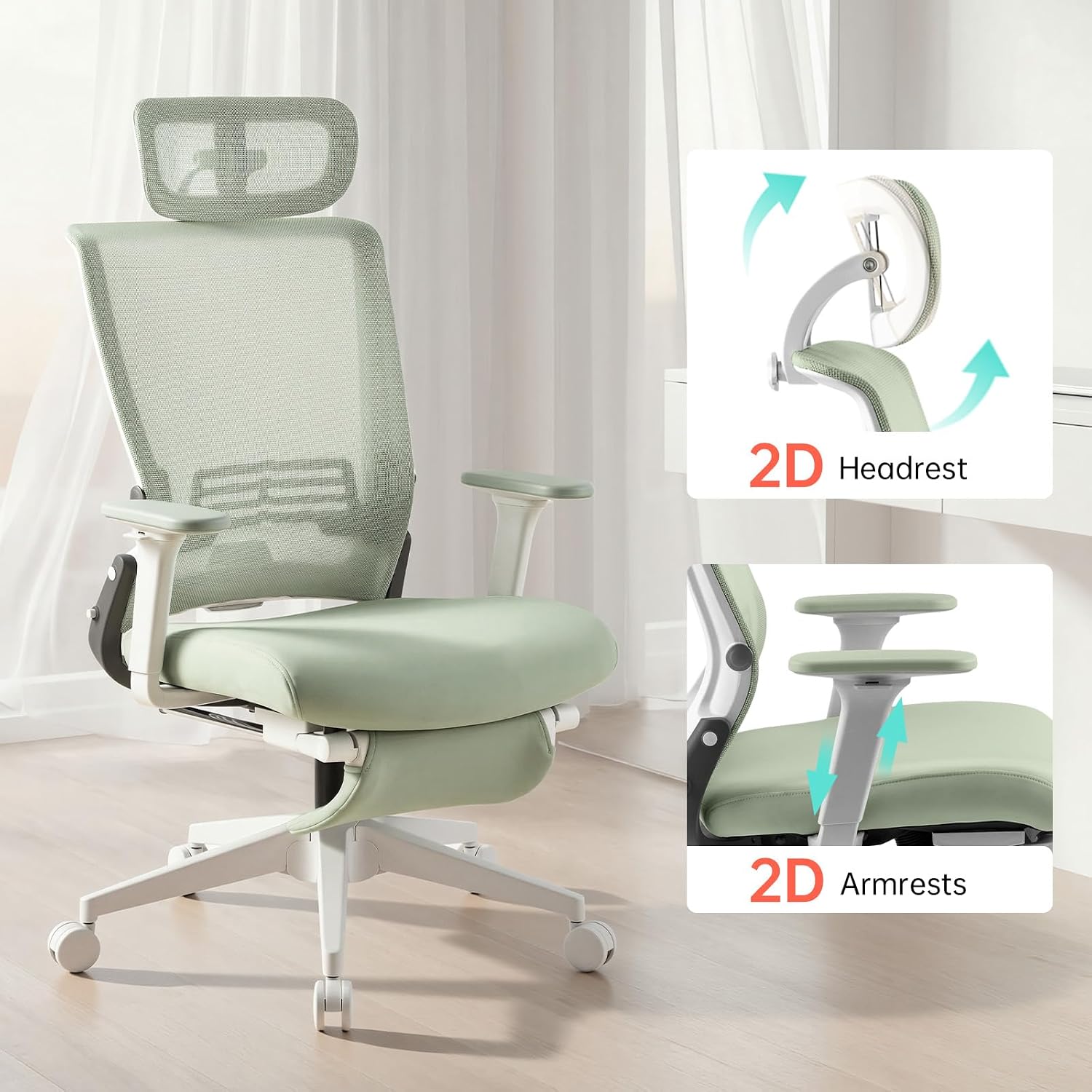 Foldable Office Chair with Foot Rest, Ergonomic Office Chair with Adjustable Lumbar Support, Headrest, Armrest, Home Office Desk Chair for Space Saving, Work from Home, Green