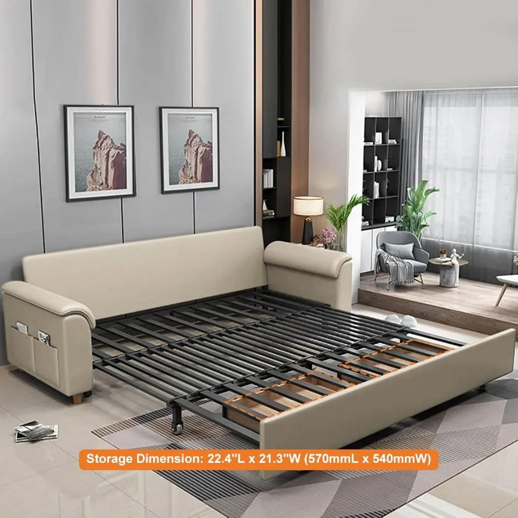homary 74' Queen Sleeper Sofa Bed – 2-Seater Convertible Couch with Pull-Out Bed with Storage Drawers & Side Pockets, for Apartment Living Room (Beige)