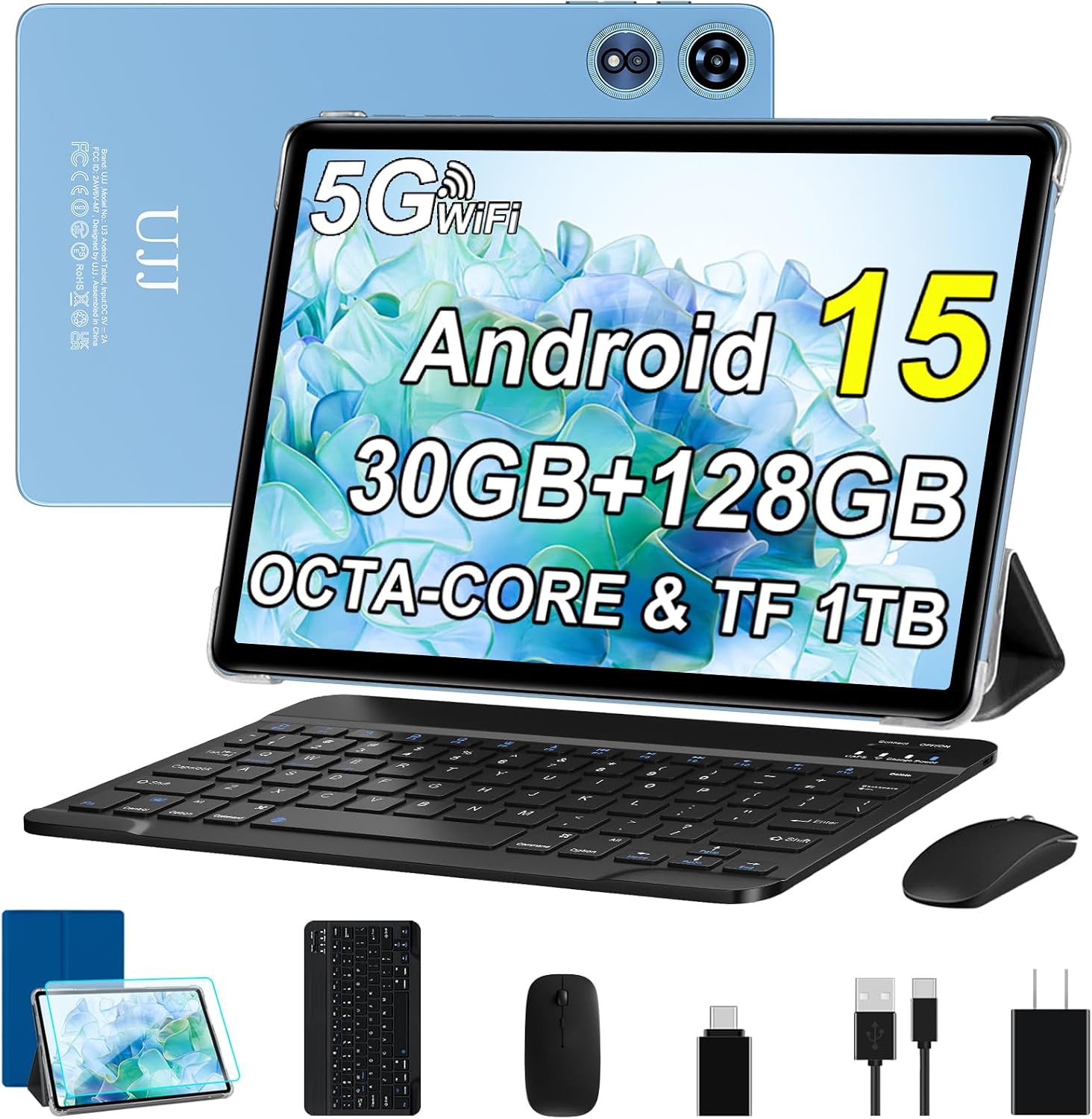 Tablet 10 inch Android 15 Tablets 30GB RAM 128GB ROM 1TB Expand, 8000mAh Octa-Core Tablets with Keyboard Mouse, HD IPS Display, Gemini AI, GPS, 5G WiFi, Widevine L1, Split-Screen - Metal Blue