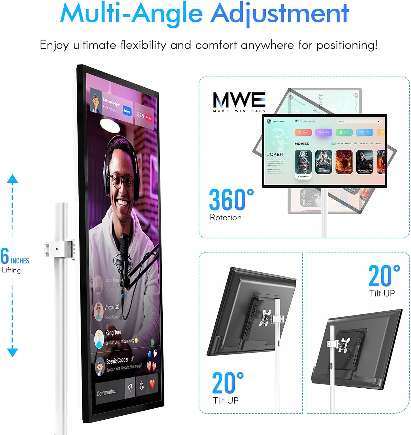 43 Inch Portable TV Smart Touch, 4K Rotatable TV LCD Display with Wires plugged in use, Android OS, Touch Screen, Type-C, USB, HDMI Port, on Wheels