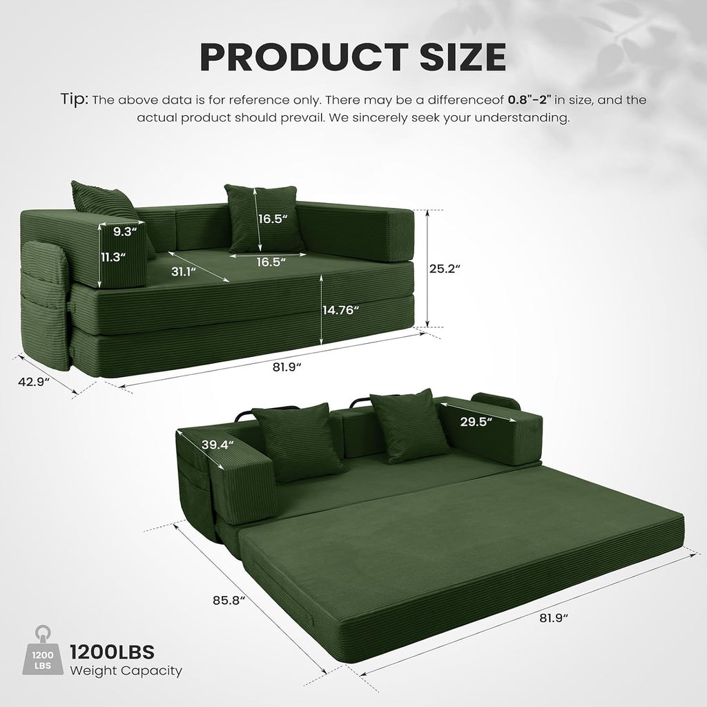 5‑in‑1 Futon Sofa Bed Queen – Floor Foldable Convertible Sofa Couch with L‑Shaped, Dark Green Sofa Bed