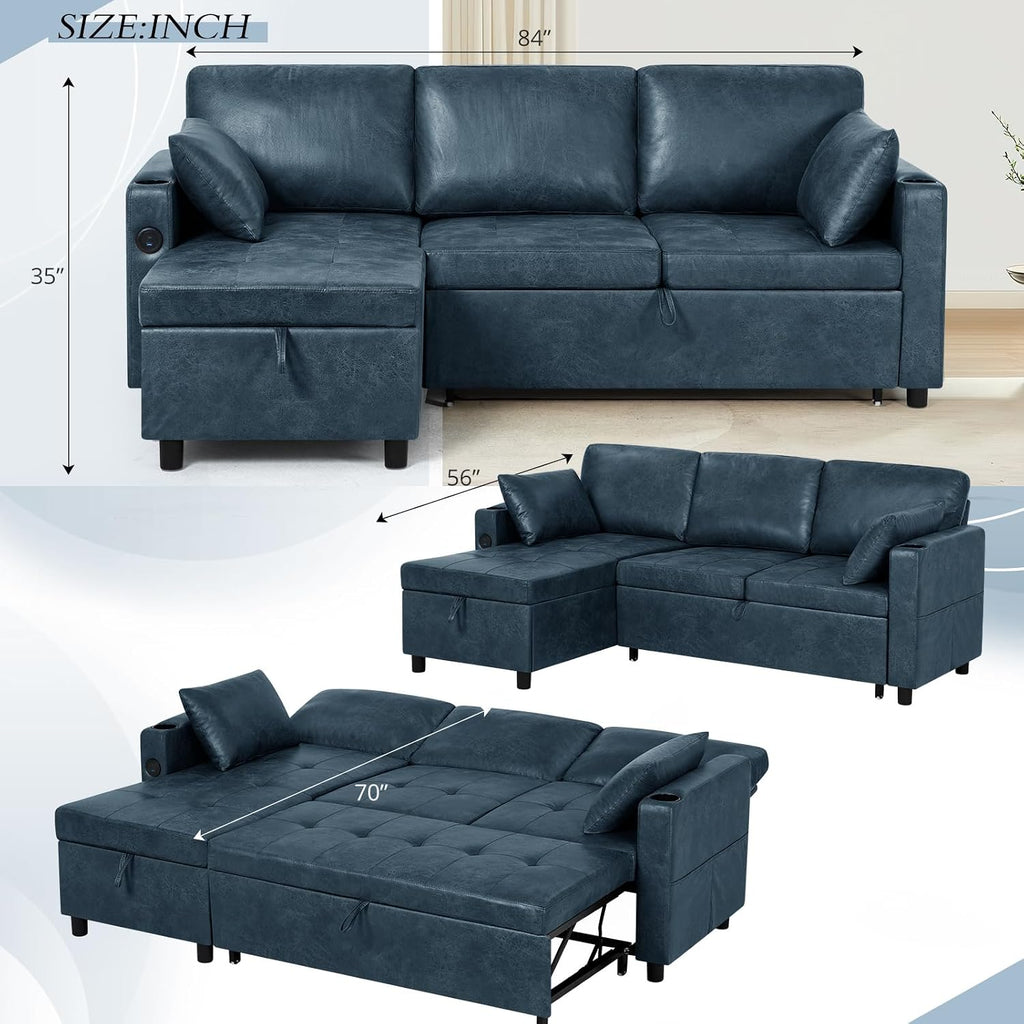 84' L-Shape Pull Out Sofa Bed with Adjustable Backrest, Upholstered Sectional Sleeper Sofa with Storage Chaise, Suede Leather Reversible Couch Bed with USB Port for Living Room, House, Blue