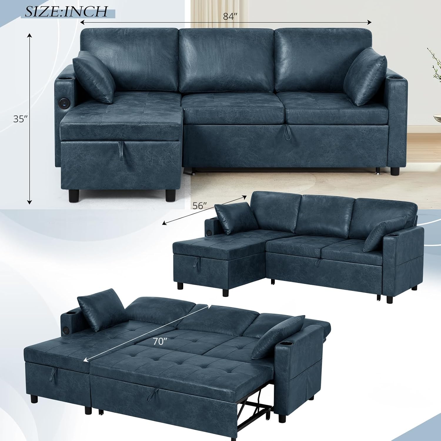 84' L-Shape Pull Out Sofa Bed with Adjustable Backrest, Upholstered Sectional Sleeper Sofa with Storage Chaise, Suede Leather Reversible Couch Bed with USB Port for Living Room, House, Blue