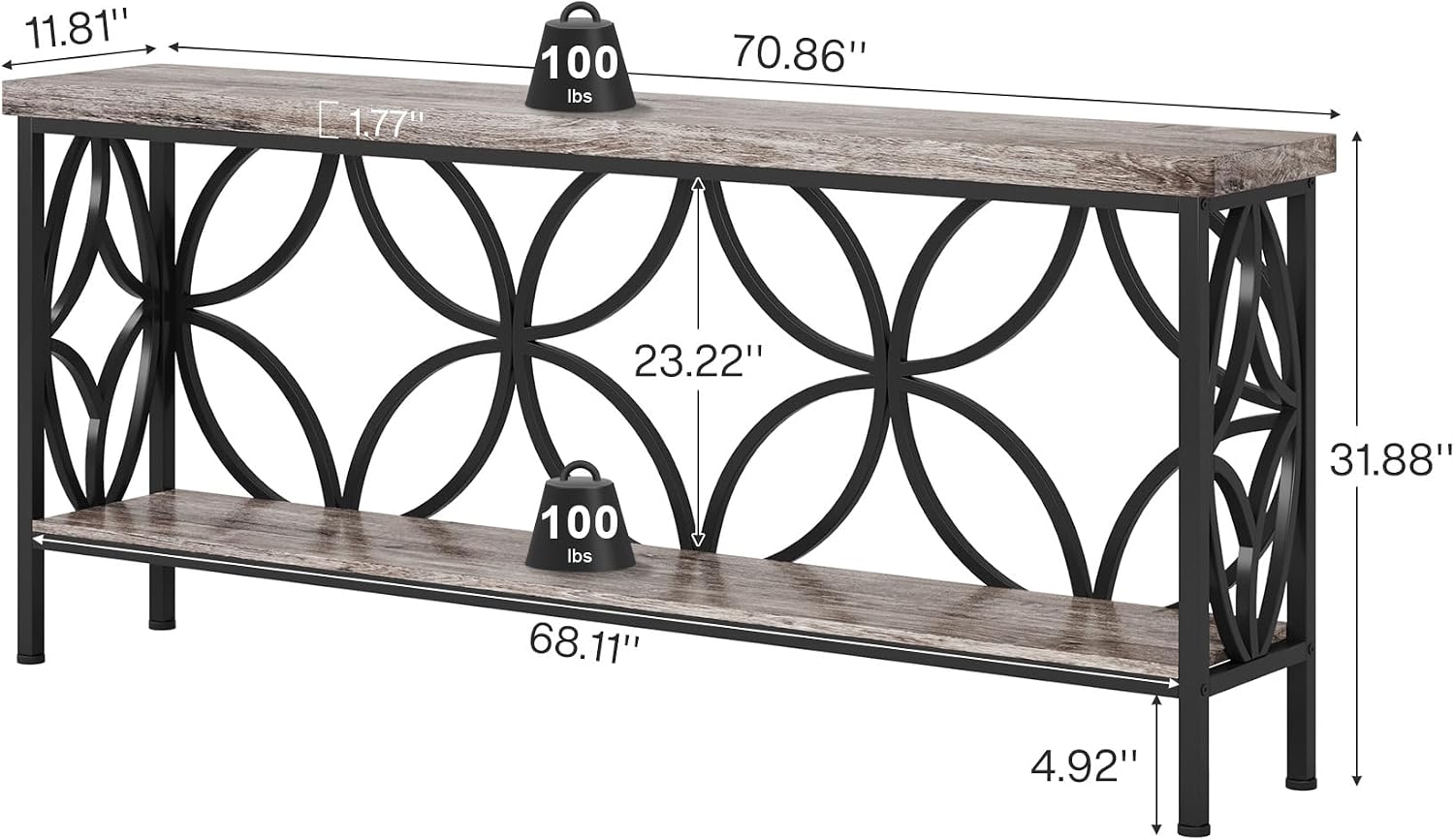 Tribesigns 70.9-Inch Narrow Sofa Table, 2-Tier Industrial Console Table Behind Couch, Long Entry Tables with Storage for Entryway, Living Room, Foyer, Hallway, Grey