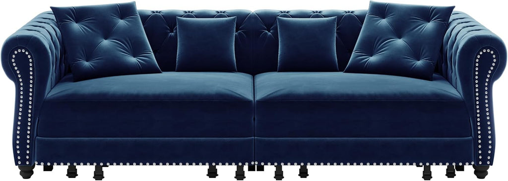 Eafurn 3 in 1 Oversized Chesterfield Loveseat Sofa Convertible Pull Out Sleeper Sofabed King Size Couch Bed w/Movable Ottoman and Nailhead Trim for Living Room Tufted Velvet Recliner Daybed Sofacama
