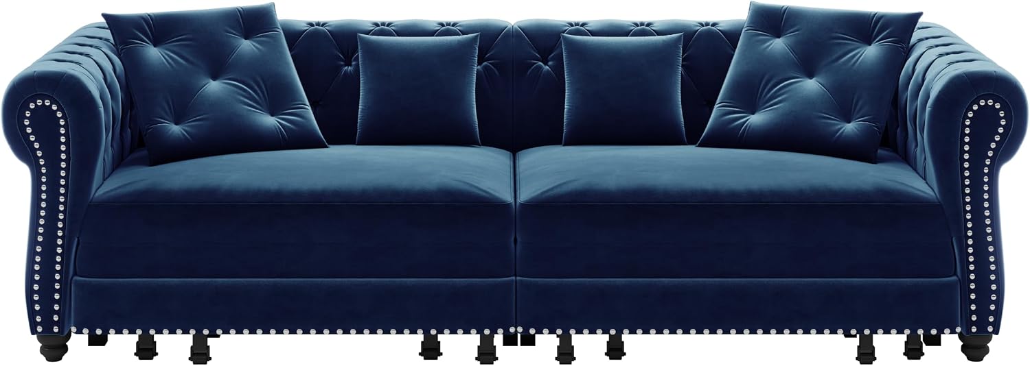 Eafurn 3 in 1 Oversized Chesterfield Loveseat Sofa Convertible Pull Out Sleeper Sofabed King Size Couch Bed w/Movable Ottoman and Nailhead Trim for Living Room Tufted Velvet Recliner Daybed Sofacama