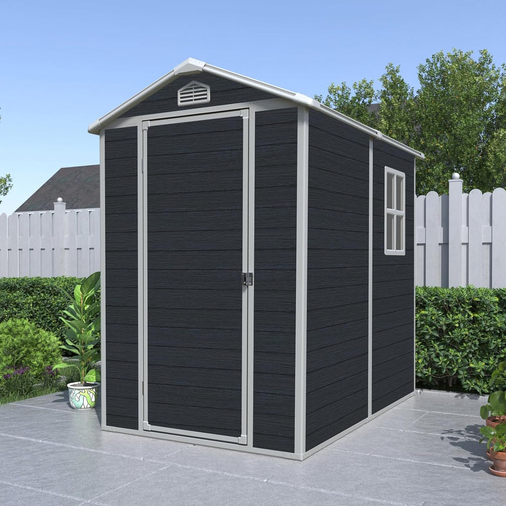 Resin 8x4ft Outdoor Storage Shed with Two Windows & Double Doors-Durable, Weather, Storage Solution for Yard, Garden, Tools, and Equipment (4x6Ft Gable | Single Door & Window | Black, Resin)