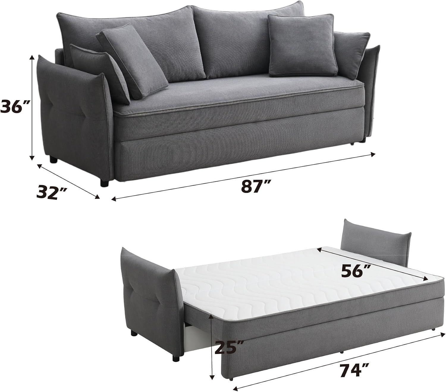 Acme Irina Fabric Upholstered Sofa with Pull-Out Sleeper and 4 Pillows in Gray