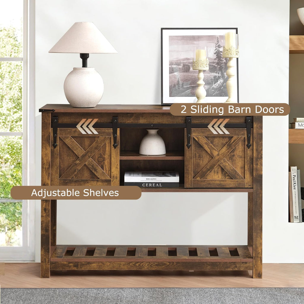 Farmhouse Entryway Table with Sliding Barn Doors, Wood Console Table with Storage Shelf, Rustic Sofa Table for Living Room, Entryway, Foyer, Brown