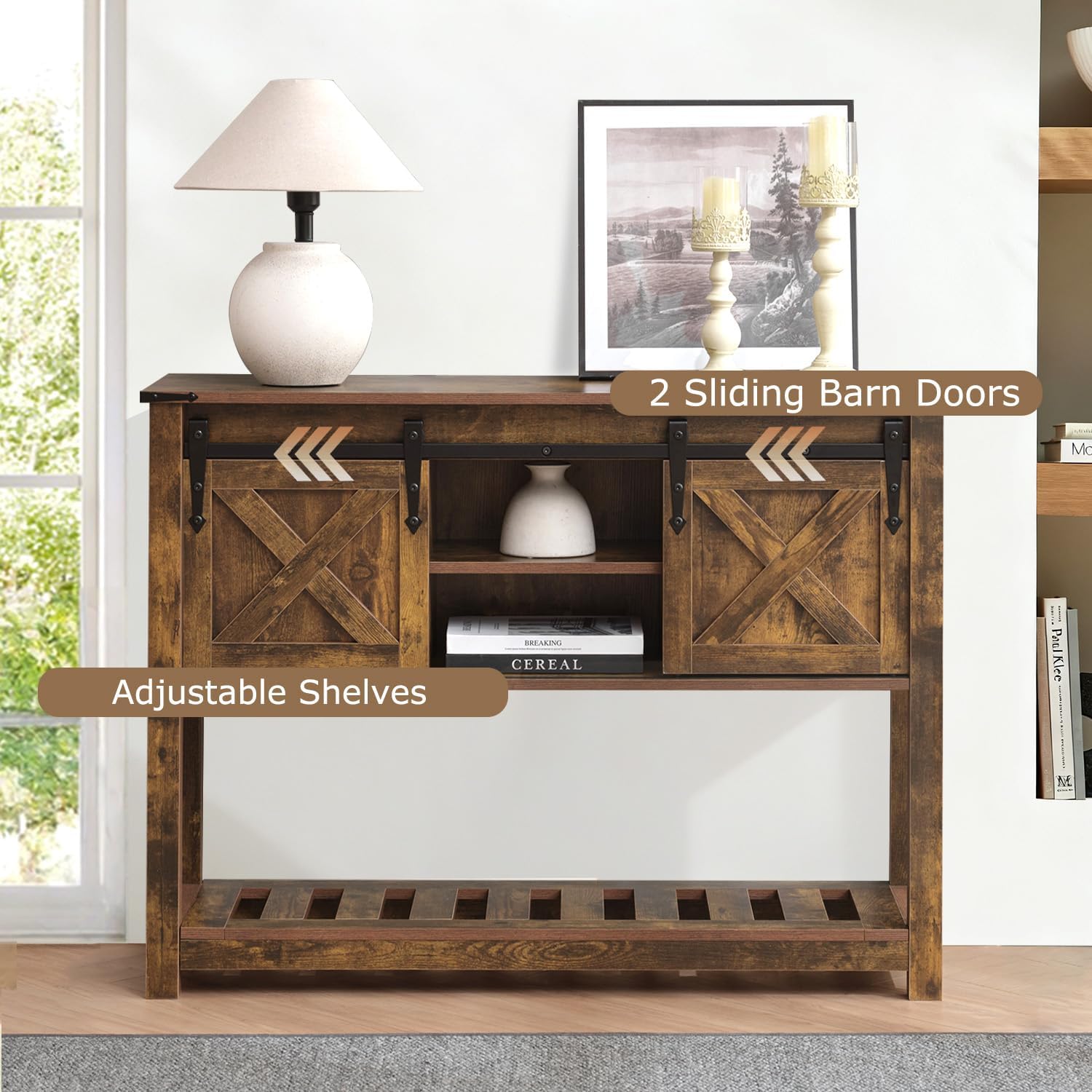 Farmhouse Entryway Table with Sliding Barn Doors, Wood Console Table with Storage Shelf, Rustic Sofa Table for Living Room, Entryway, Foyer, Brown