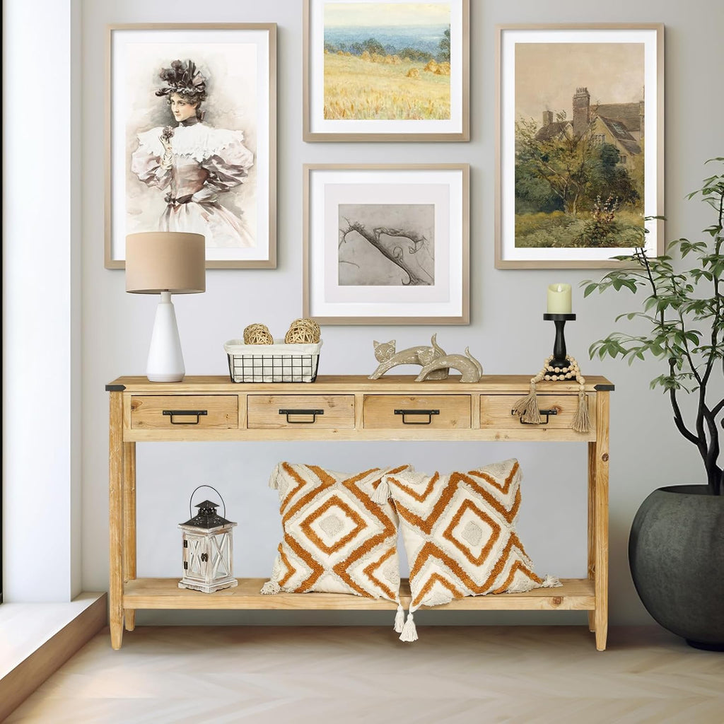 RUSTOWN Farmhouse Console Table with 4 Drawer, 60' Long Rustic Entryway Table with Open Storage Shelves and Handmade Metal Handle, Narrow Foyer Sofa Table for Living Room, Entryway, Hallway(Natural)