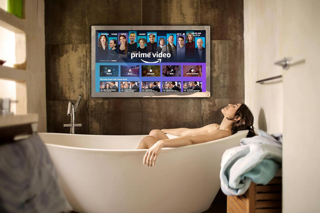 Haocrown 32' 4K Ultra HD Smart Bathroom Mirror TV, IP66 Waterproof, Android 13 System with Voice Remote,ATSC Tuner, 500 cd/㎡ High Brightness (Black Frame, 2025 Model)