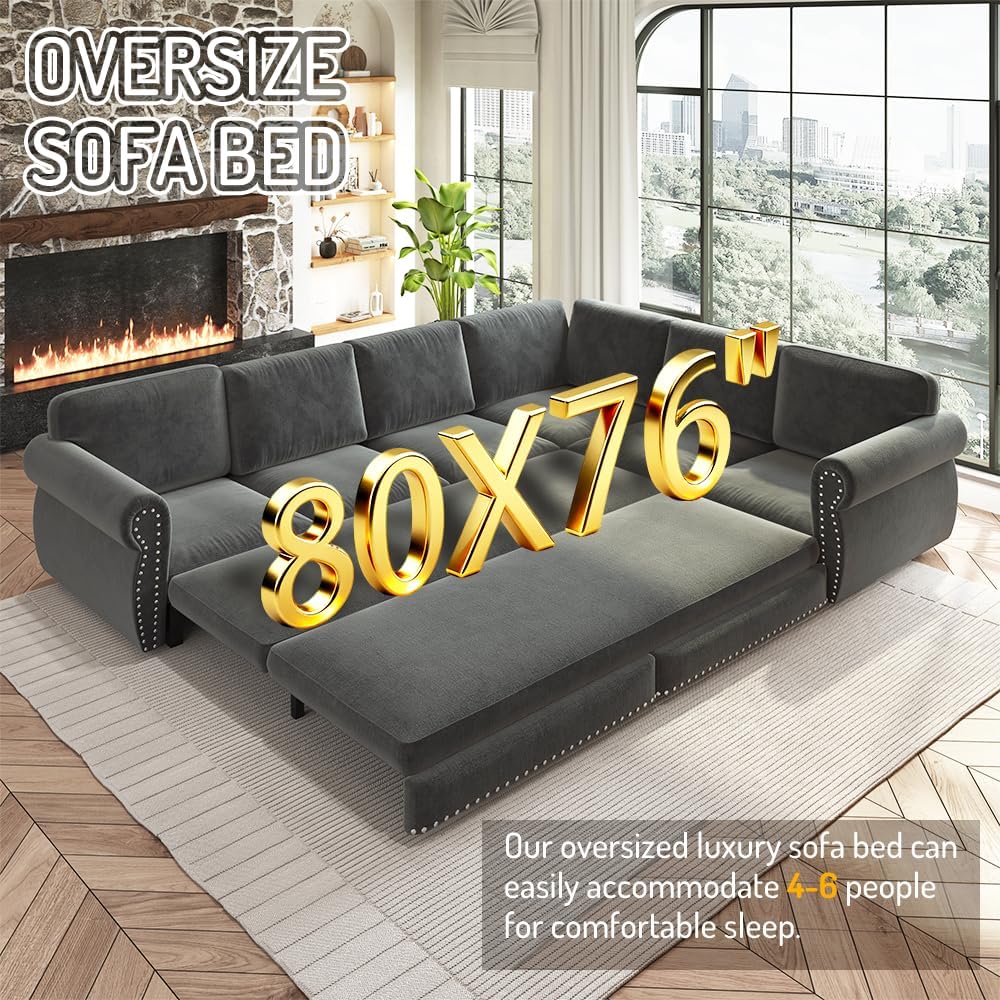88.2'' Pull Out Couch Bed King, L Shaped Convertible Sleeper Sofa, 4-Seater Couches with Rivet Armrests, 3 Pillows, Chenille Upholstery, Futon Sofa Bed for Living Room, Apartment, Dark Grey