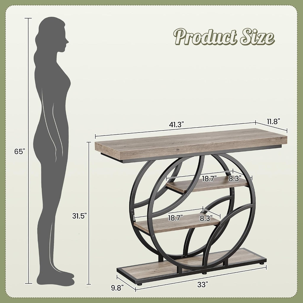 Huuger 41.3 Inch Entryway Table, Modern Console Sofa Table, Accent Table with Shelves, for Entry, Hallway, Entrance, Foyer, O-Shaped Metal Frame, Grey