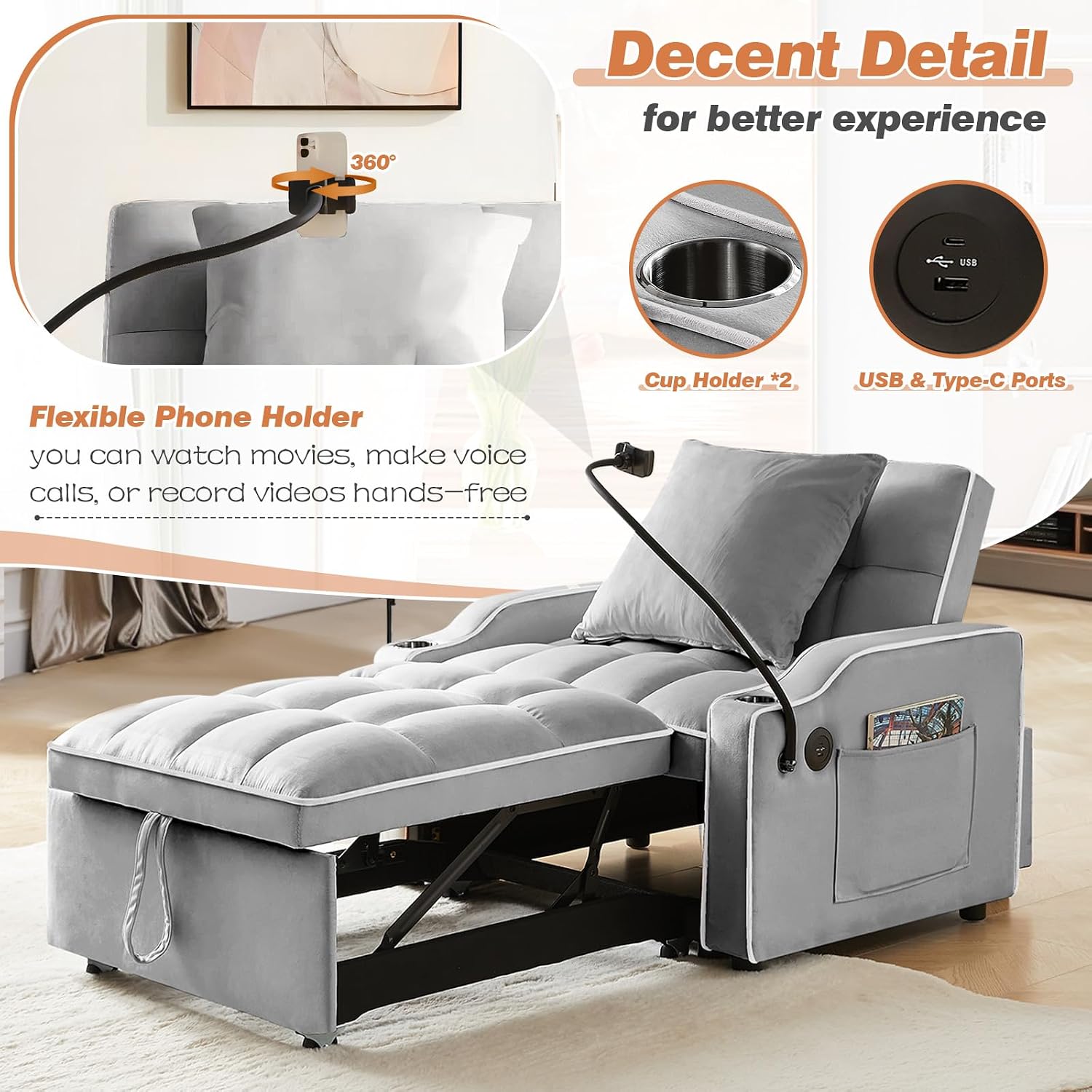Antetek Sleeper Sofa Chair Bed with Charging Ports & Phone Holder & Cup Holder, Modern Velvet 3 in 1 Convertible Pull Out Single Sofa Chair Bed for Small Spaces Apartment, Light Grey
