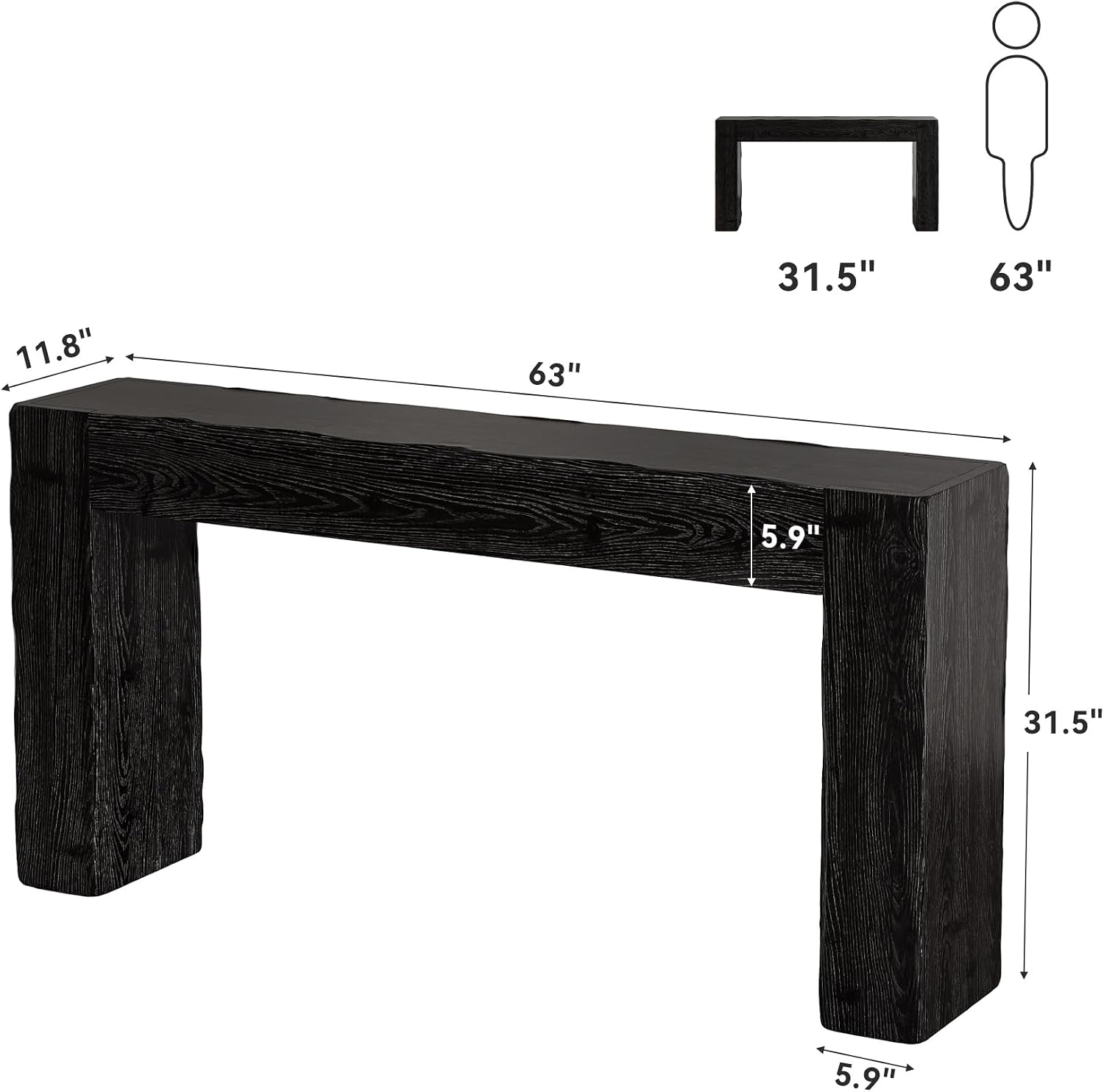 Solid Wood Console Table, 63-Inch Farmhouse Sofa Table Behind Couch for Entryway, Living Room, Foyer, Easy Assembly (Black)
