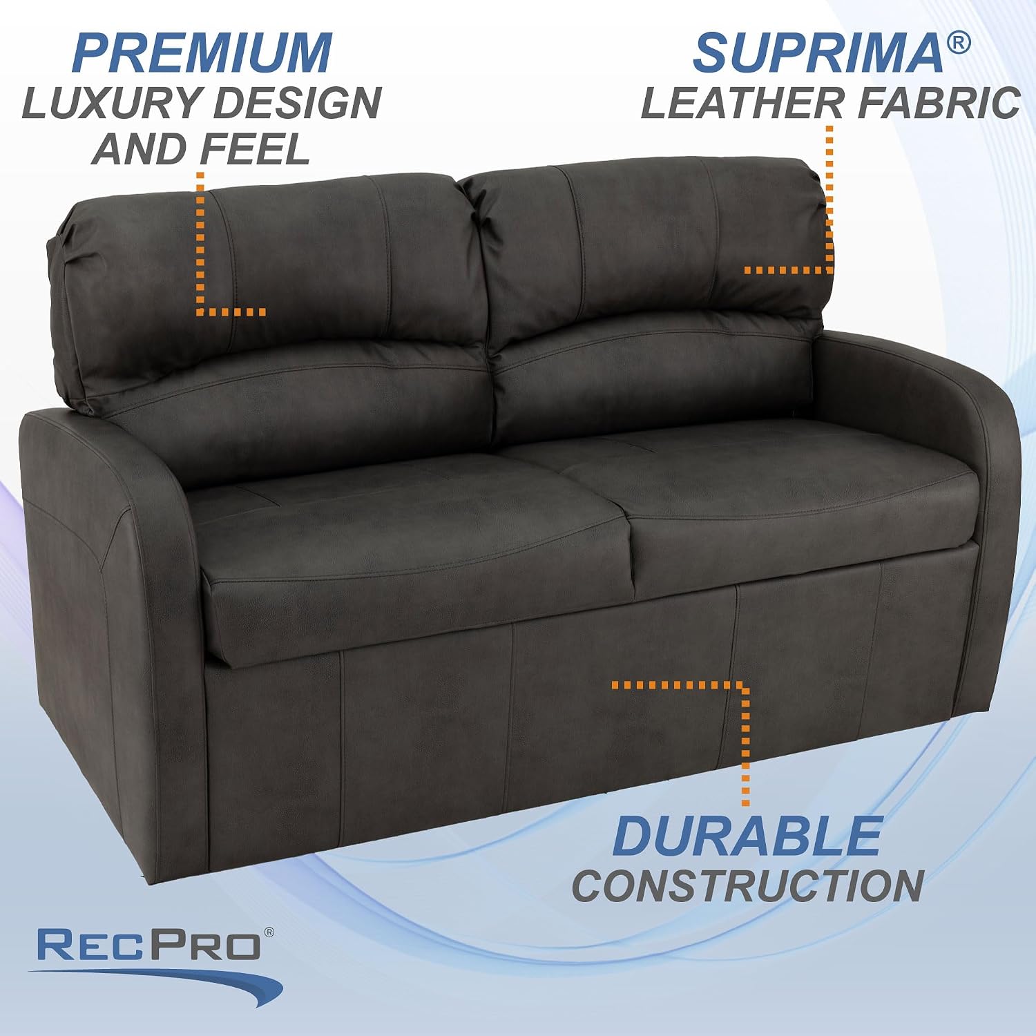 RecPro Charles Collection 70' RV Jack Knife Sleeper Sofa w/Arms | Toffee Faux Leather Sofa | Metal Frame