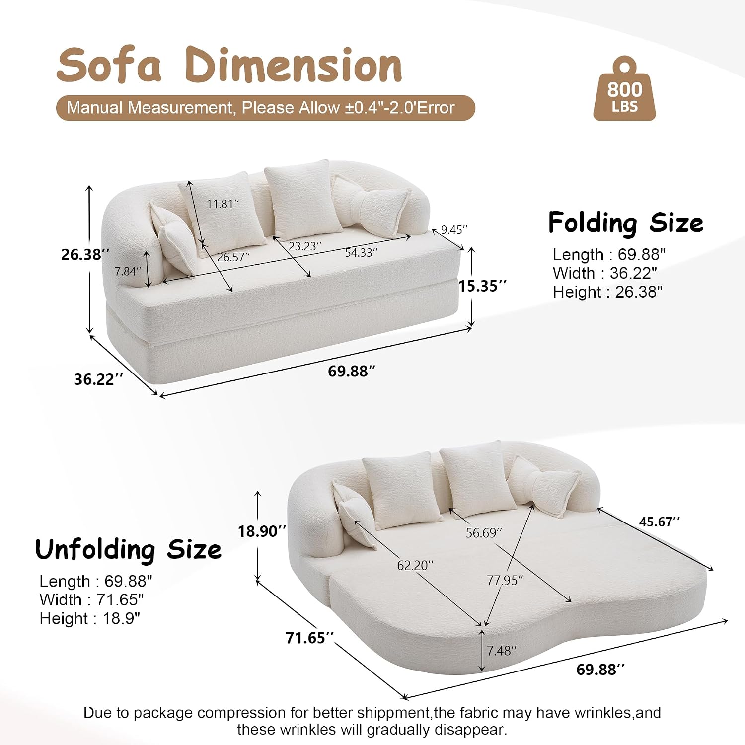 70' Convertible Sofa Bed, 2-in-1 Boneless Sleeper Sofa, Soft Chenille Folding Sofa Loveseat with 4 Pillows, Love Seat Small Couch for Small Spaces, Living Room, Bedroom, No Assembly
