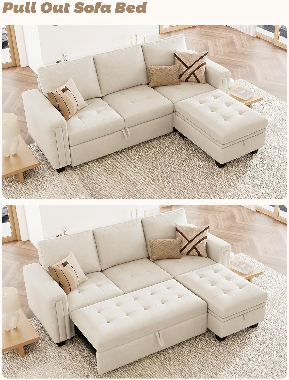 Belffin Sectional Sleeper Sofa with Pull Out Couch Bed Modular Sectional Sofa with Storage Velvet L Shaped Couch Sleeper Bed Beige