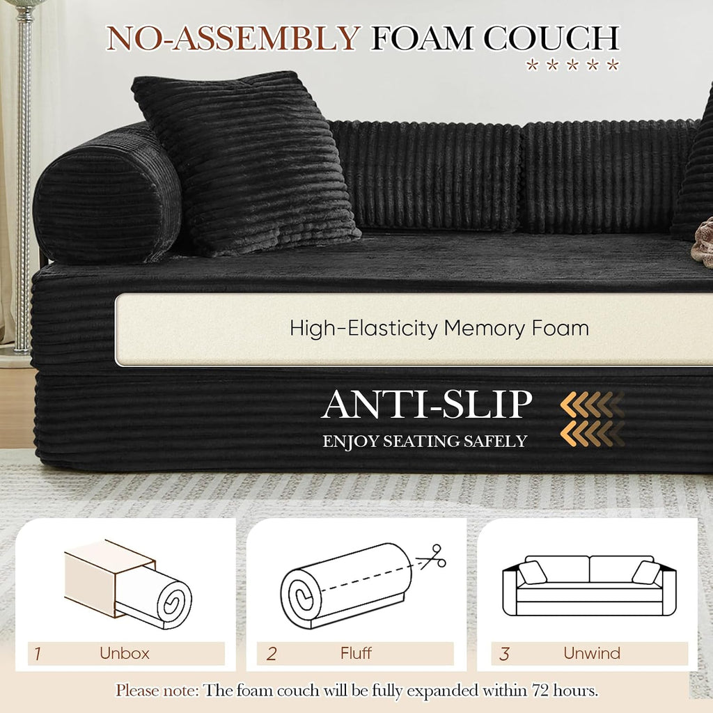 Antetek Modular Couch Bed, Convertible Folding Plush Corduroy Comfy Floor Compression Loveseat Sleeper Sofa Couch, King Size Bed for Guest Room Living Room Bedroom, No Assembly Required, Black