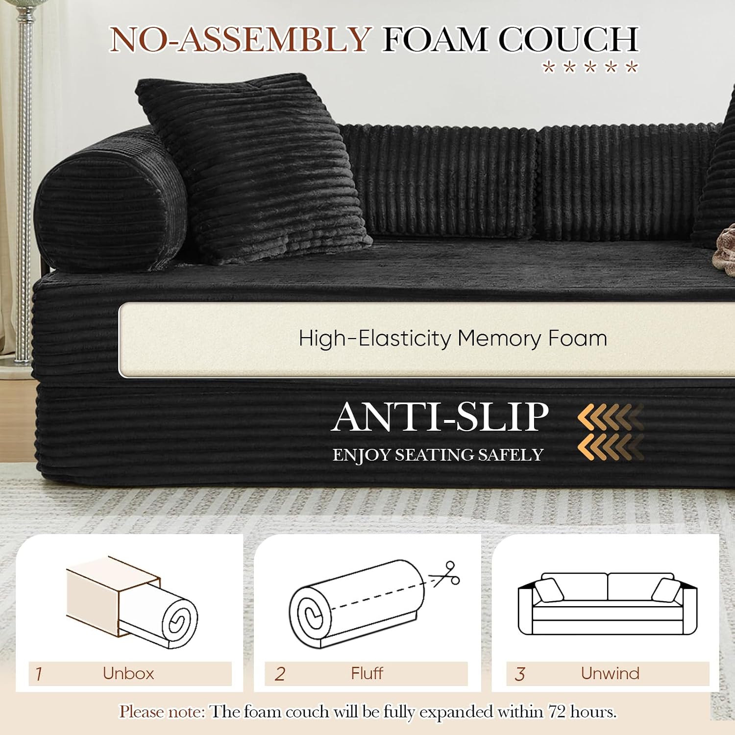 Antetek Modular Couch Bed, Convertible Folding Plush Corduroy Comfy Floor Compression Loveseat Sleeper Sofa Couch, King Size Bed for Guest Room Living Room Bedroom, No Assembly Required, Black