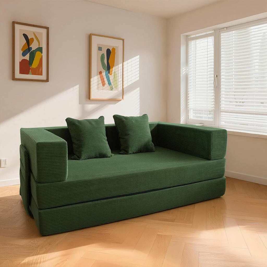 5‑in‑1 Futon Sofa Bed Queen– Floor Foldable Convertible Sofa Couch with L‑Shaped Armrests, Removable Cover, Green Convertible Guest Bed | Space‑Saving Fold‑Out Mattress Lounge for Living Room/Bedroom