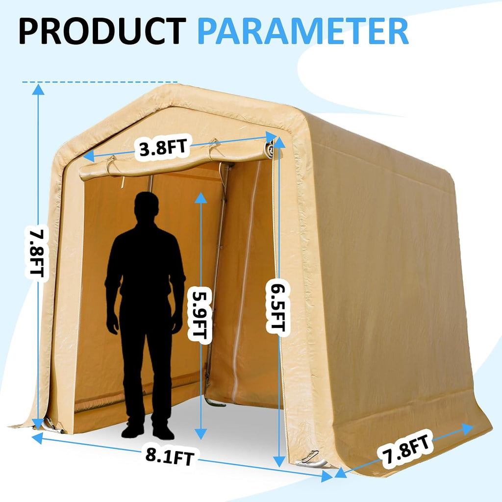 CHARMELEON 8x8FT Heavy Duty Outdoor Storage Shelter,Portable Garage Shelter for Garden Tool Motorcycle Bike,All-Steel Metal Frame Storage Tent with Dual Doors & Thickened Fabric (Khaki)