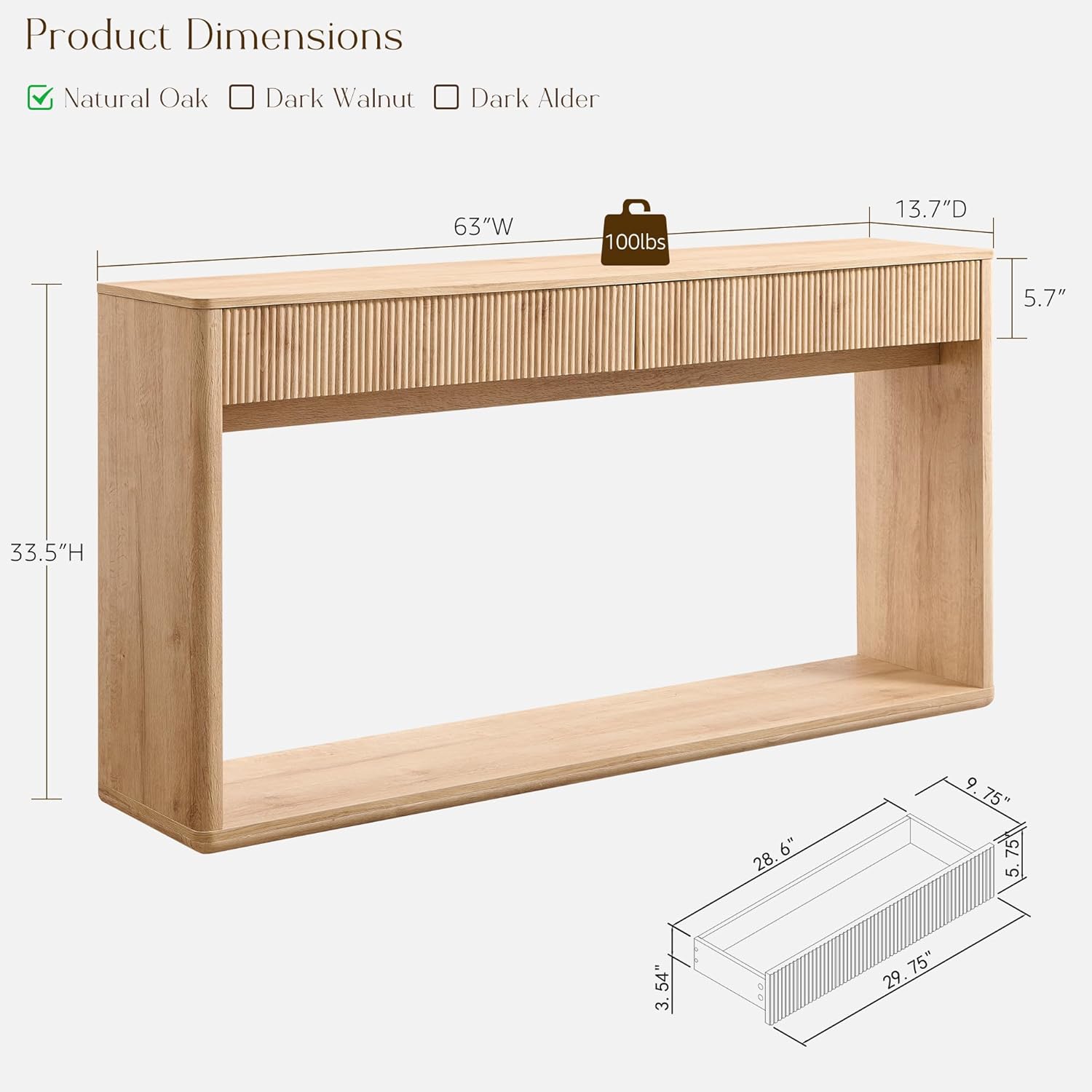 OKD 63' Fluted Console Table for Entryway, Modern Entryway Table with 2 Large Drawers, Long Sofa Table Behind Couch for Living Room, Hallway, Couch, Foyer，Natural Oak