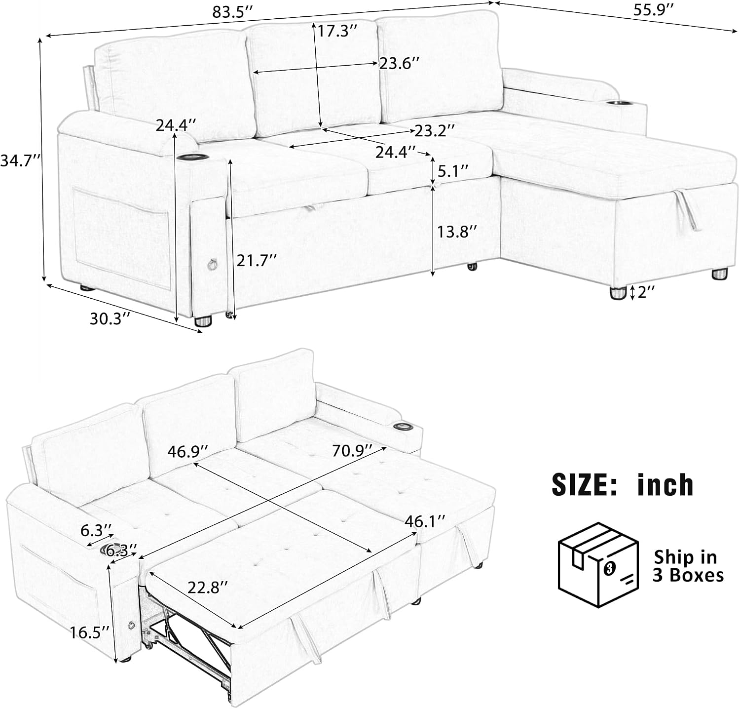 Merax Modern 83.5' L-Shaped Sectional Sofa with Pull-Out Sleeper Bed, USB Ports & Cup Holders, Chenille 3-Seat Couch with Storage Chaise Lounge, Side Pocket & Drawers for Living Room, Beige