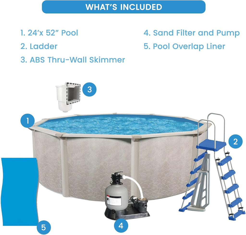 Aquarian Steel Outdoor Above Ground Pool Kit with Pool Liner, Skimmer, Pool Ladder, and Sand Filtration System and Pump, 24'