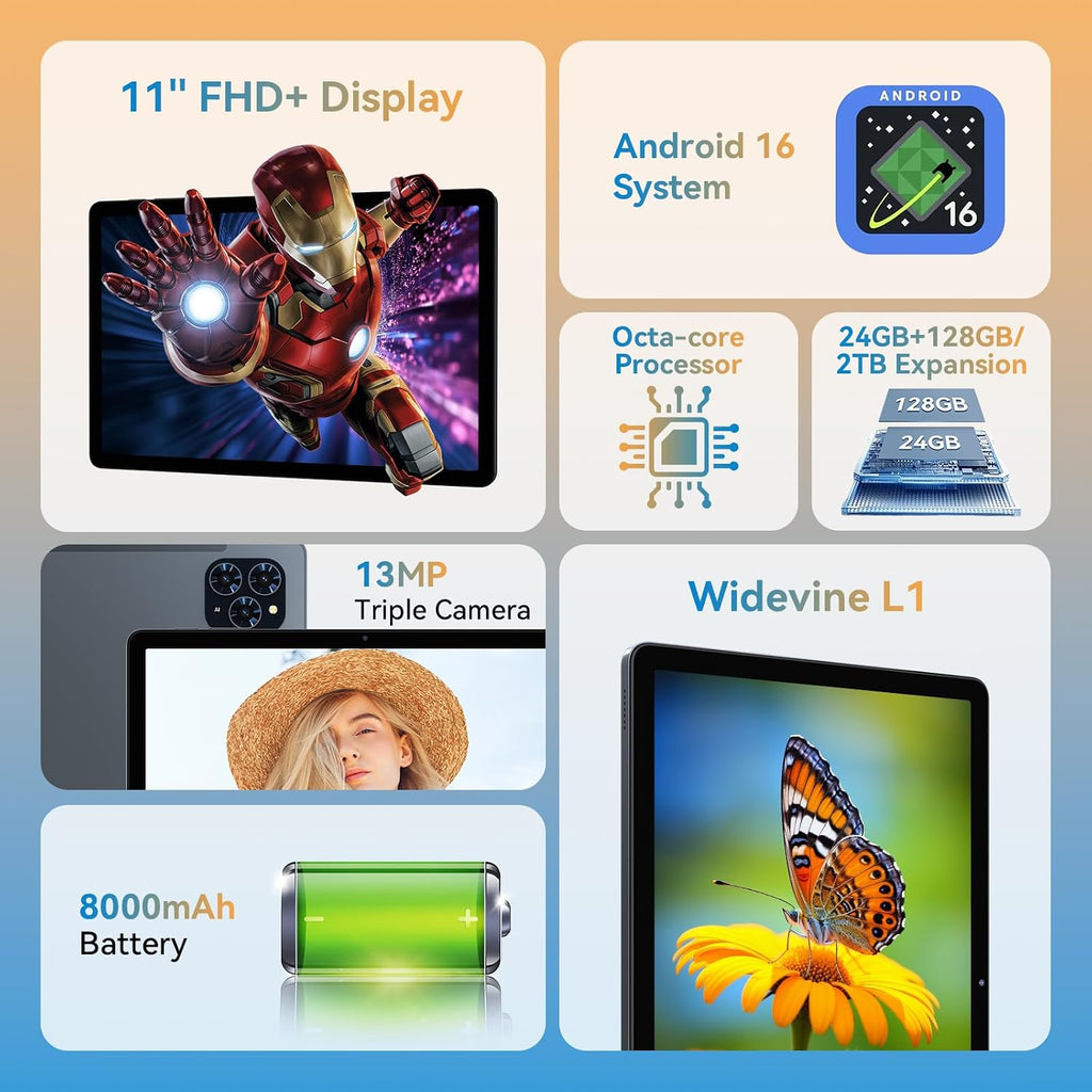 The World's First Android 16 Tablet,11 Inch Tablet with Pen and Keyboard Kits,Gemeni AI Android Tablets,24GB RAM 128GB ROM /2TB TF,T7250 CPU, 8000mAh Fast Charging, Widevine L1-4 Year Warranty