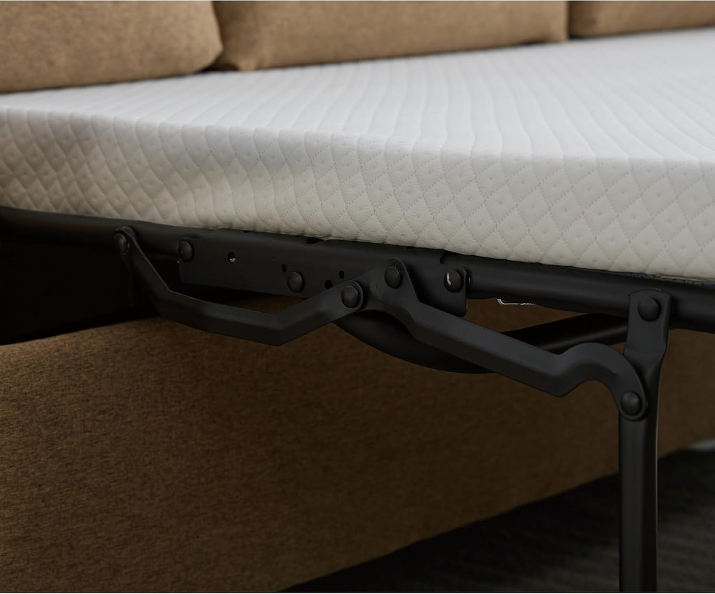 Sleeper Sofa Bed Full Size, Pull Out Couch with Mattress, 81.5'' 3 Seater Upholstery Sectional Couches, Modern Linen Convertible Sofa, Living Room Furniture for Small Spaces, Apartment, Brown | Memory Foam Mattress
