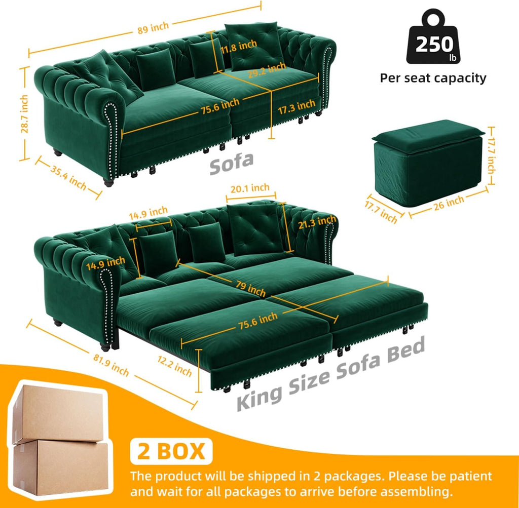 KEIKI King Size Convertible Chesterfield Sofa Bed, 89' Velvet Couch with Ottoman, Tufted Design, 3-in-1 Sleeper Sofa for Living Room, Bedroom, or Office, Green