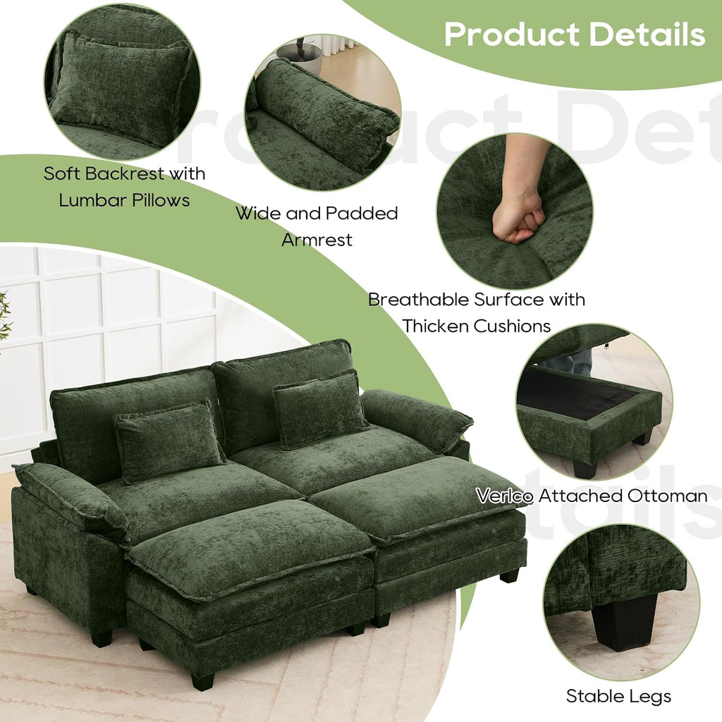 Oprisen 86' Modular Sectional Sofa, Comfy Cloud Couch Sectional Sofa with Ottoman, Chenille Sofa Sleeper Deep Seat Sofa with Throw Pillows for Living Room (Green)