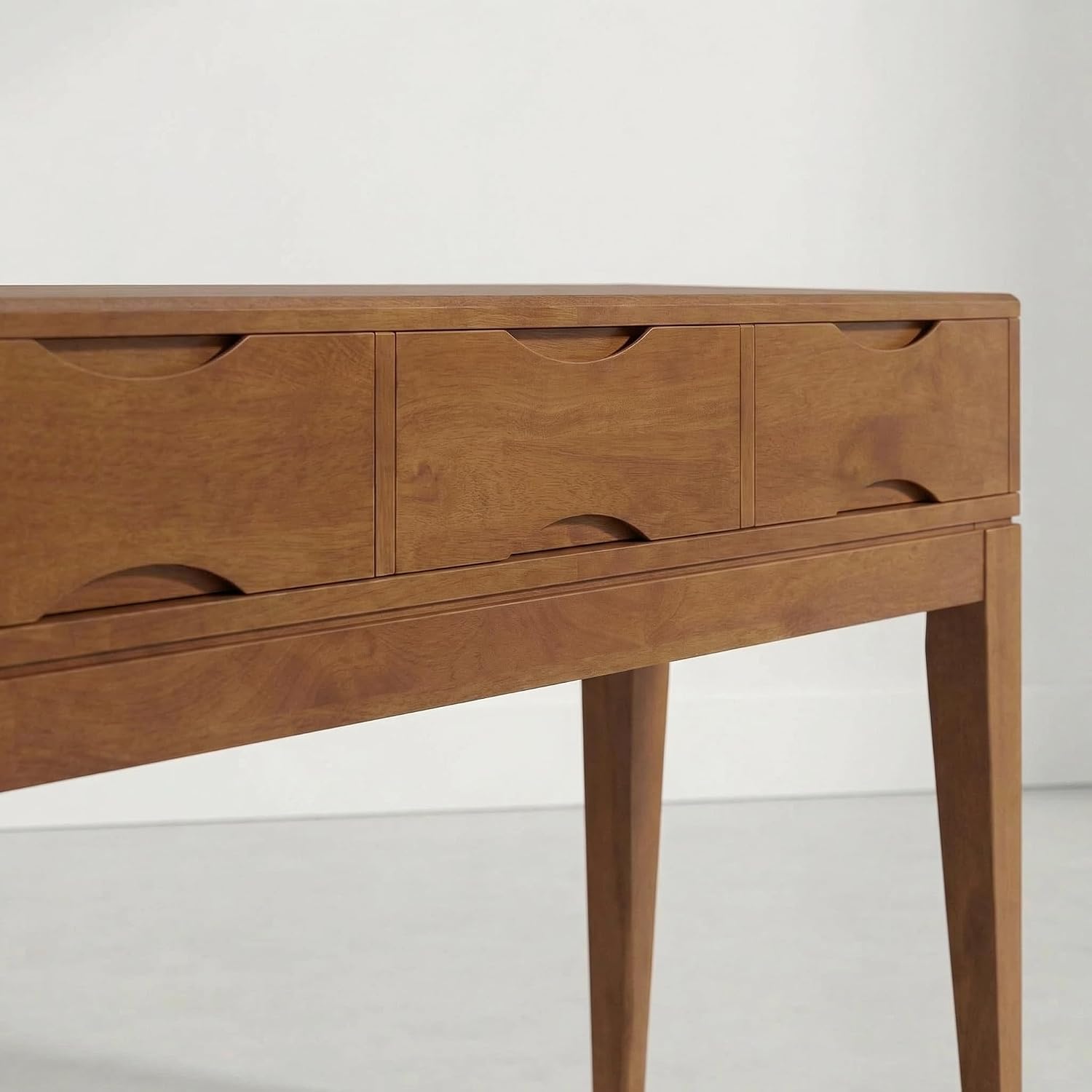 SIMPLIHOME Harper Console Table - 54 Inch Wide Solid Wood Sofa Table in Tawny Brown Teak, Mid-Century Modern Storage Table for Entryway or Living Room with 3 Drawers, Notched Handles, and Tapered Legs