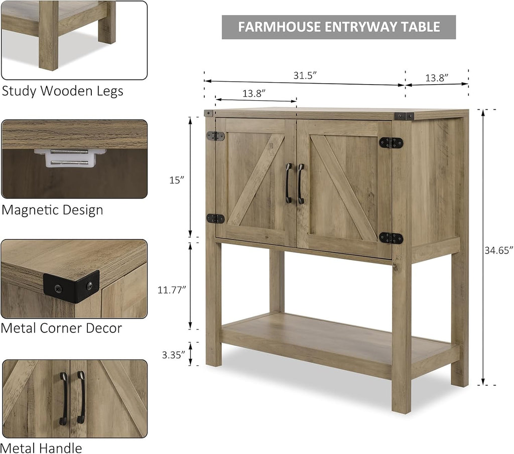 Mufico Sofa Table Console Table,Coffee Bar Cabinet,31.5 L x 13.8 D x 34.65 H Entryway Table with 2 Storage Cabinets,Farmhouse Foyer Table,Buffet Sideboard for Kitchen,Hallway (Rustic Brown)