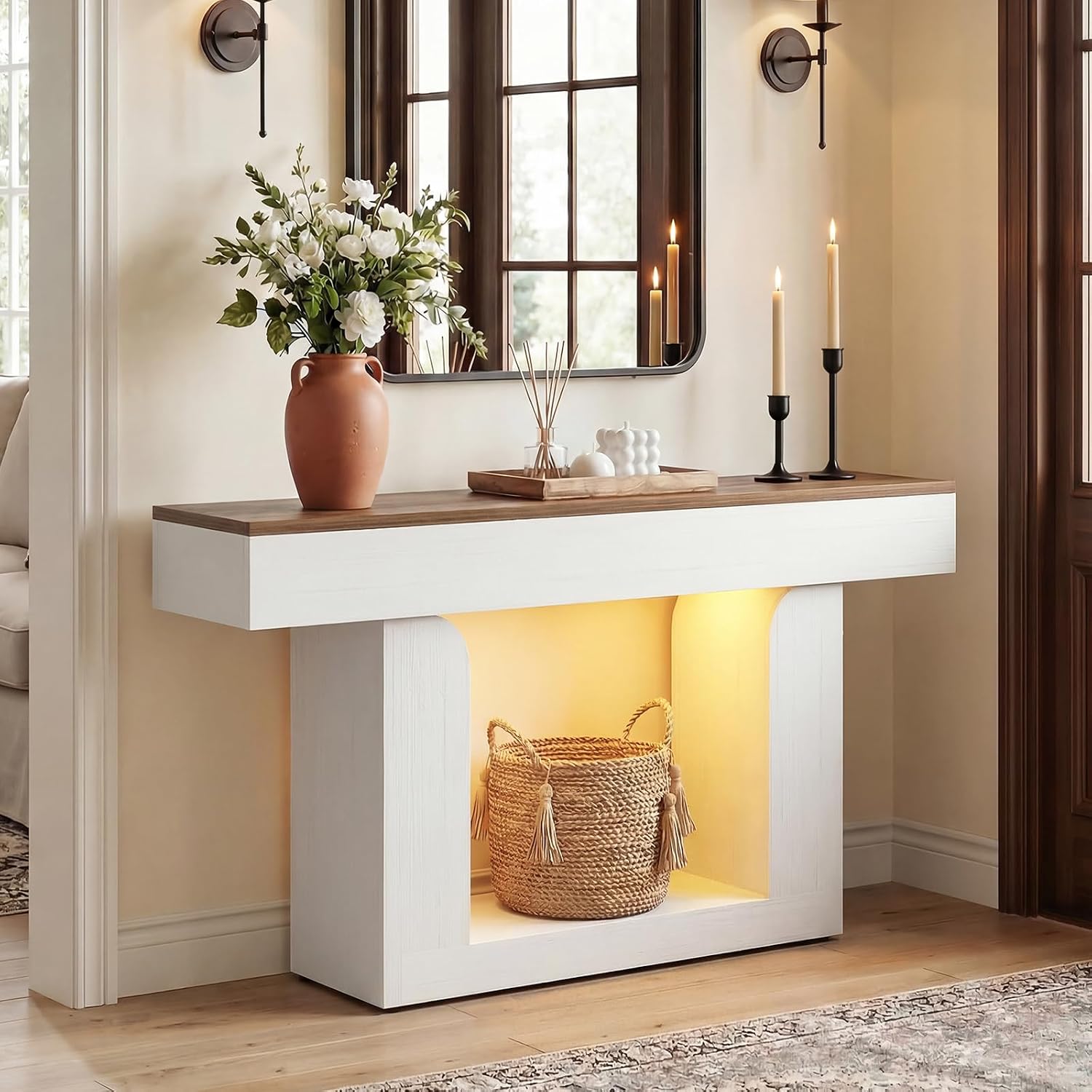 Homieasy Console Table, 47' Entryway Table with LED Lights & Charging Station, Farmhouse Wooden Sofa Table Behind Couch, Narrow Hallway Table for Living Room, Foyer, Entry, Antique White & Brown