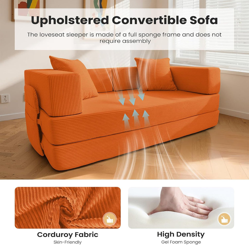 5‑in‑1 Futon Sofa Bed Queen–Floor Foldable Convertible Sofa Couch with L‑Shaped Armrests, Removable Cover, Orange Convertible Guest Bed | Space‑Saving Fold‑Out Mattress Lounge for Living Room/Bedroom