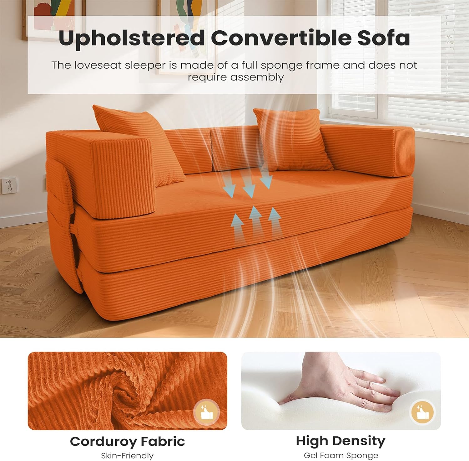 5‑in‑1 Futon Sofa Bed Queen–Floor Foldable Convertible Sofa Couch with L‑Shaped Armrests, Removable Cover, Orange Convertible Guest Bed | Space‑Saving Fold‑Out Mattress Lounge for Living Room/Bedroom