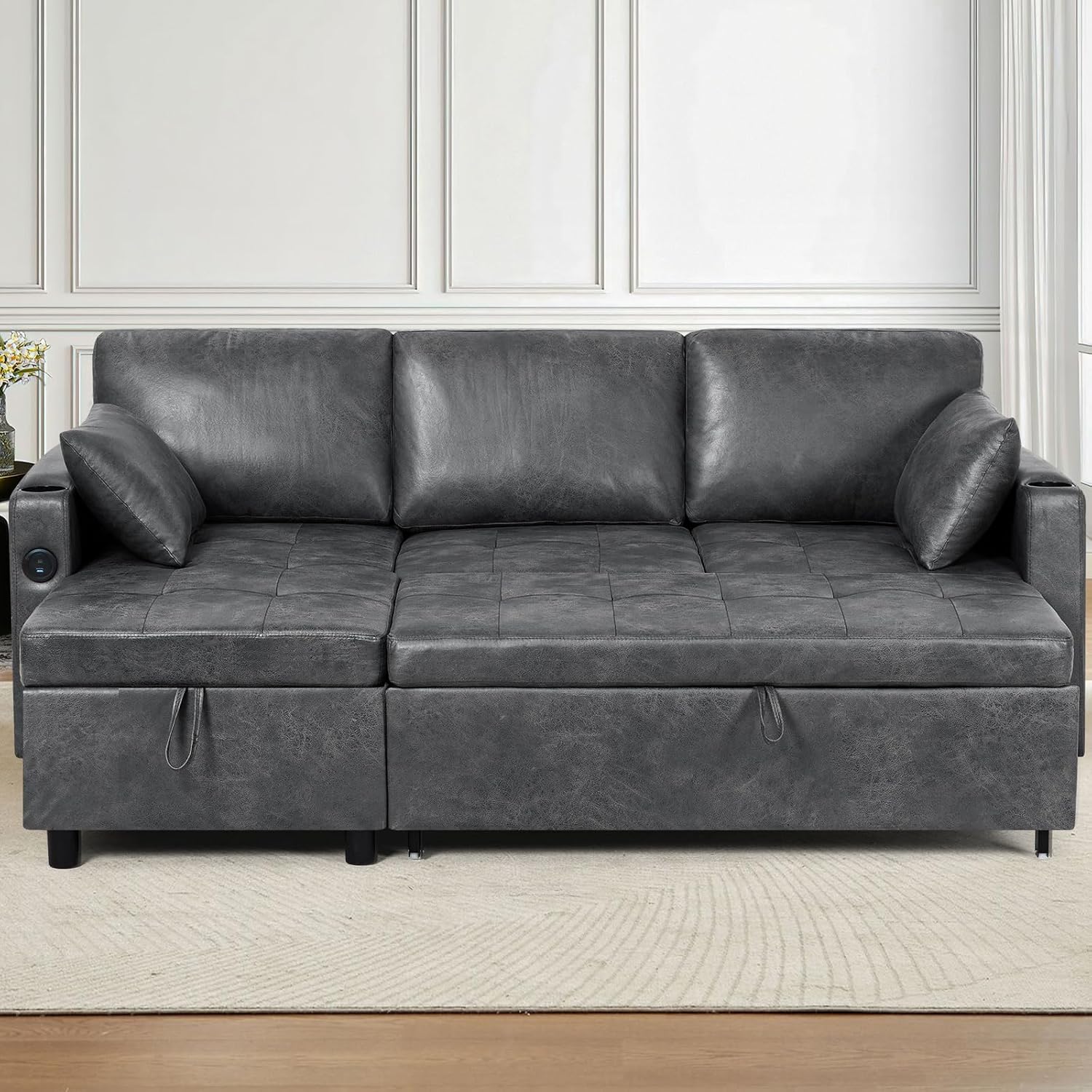 84 inches Suede Leather Sleeper Sofa w/Pull Out Bed, L-Shape Sectional Sofa Bed w/Adjustable Backrest and Storage Chaise, 3-Seats Upholstered Sofa Bed w/USB Port for Living Room, Grey