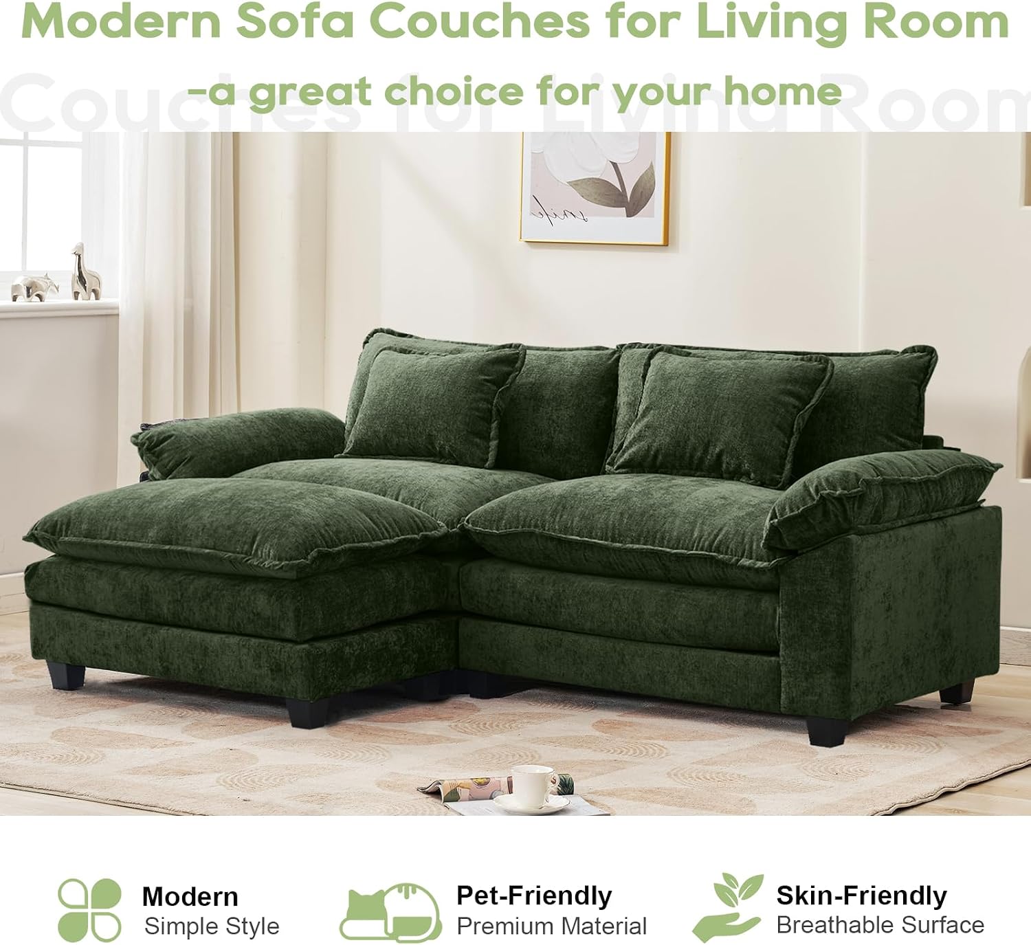 Oprisen 86' Modular Sectional Sofa, Comfy Cloud Couch Sectional Sofa with Ottoman, Chenille Sofa Sleeper Deep Seat Sofa with Throw Pillows for Living Room (Green, 86'- L Shape)