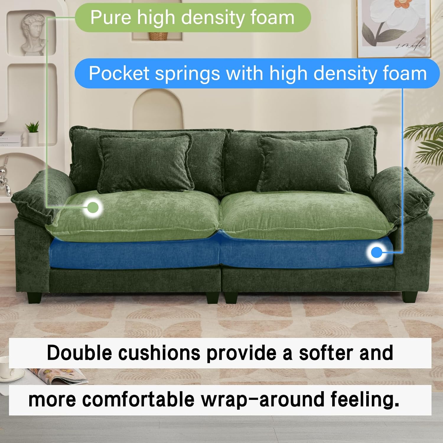 Oprisen 86' Modular Sectional Sofa, Comfy Cloud Couch Sectional Sofa, Chenille Sofa Sleeper Deep Seat Sofa with Throw Pillows for Living Room (Green, 86'- Loveseat)