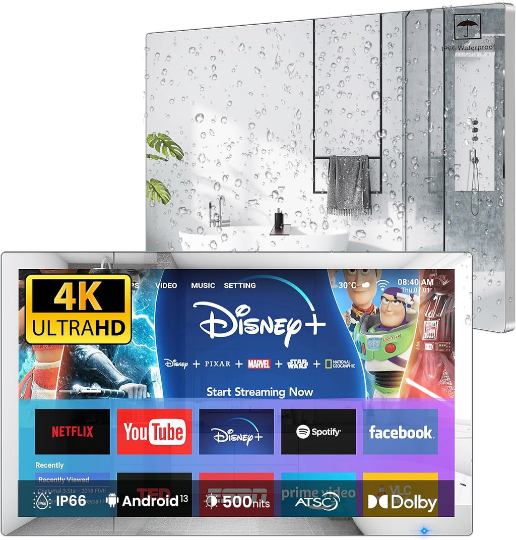 Haocrown 32' 4K Ultra HD Smart Bathroom Mirror TV, IP66 Waterproof, Android 13 System with Voice Remote,ATSC Tuner, 500 cd/㎡ High Brightness (Black Frame, 2025 Model)